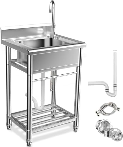 26 Inch Utility Sink, 304 Stainless Steel Sink Free Standing Sink with Cold and Hot Water Pull-out Faucet, Heavy Duty Laundry Sinks for Workshop, Laundry Room, Garage, Greenhouse, Pet Care 26x20 In