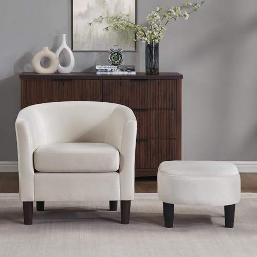 FLEXISPOT Accent Barrel Chair with Ottoman, Modern Comfy Armchair, Upholstered in Velvet, Reading Chair with Footrest, Contemporary Lounge for Living Room Bedroom Reading Room (White)