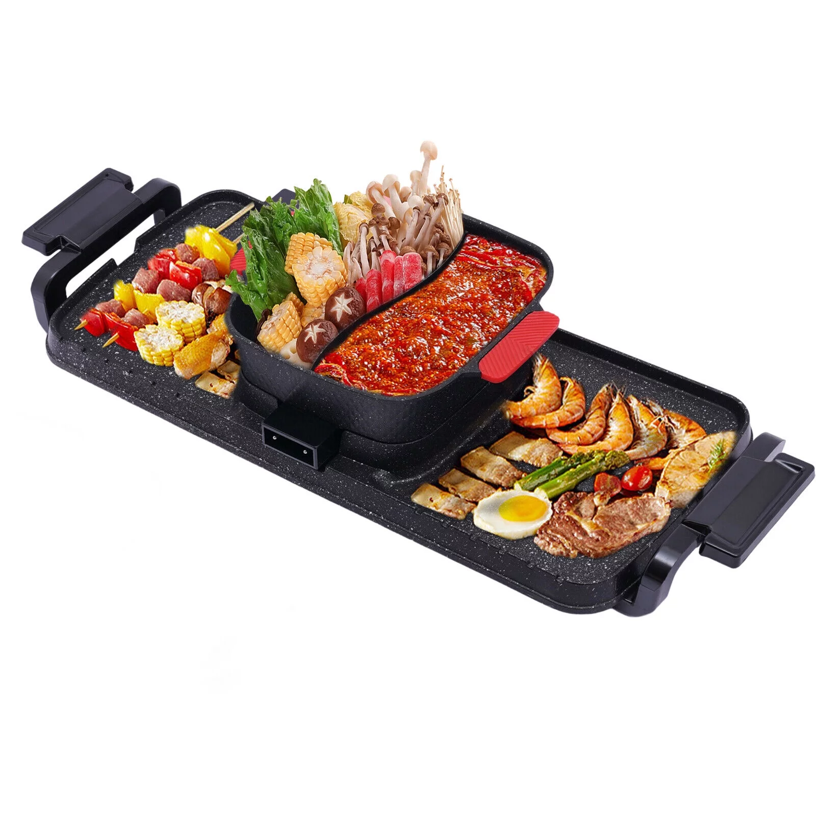 Denest Electric 2 in 1 Hot Pot BBQ Oven Smokeless Barbecue Pan Grill Hotpot Machine