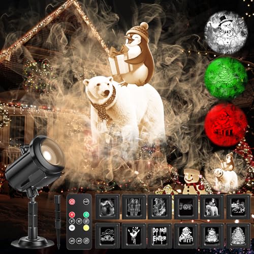 12 in 1 Halloween Christmas Projector Light Outdoor, HD Dynamic Decoration Light with 4 Color, Waterproof Christmas Projector with Ghost/Skull/Witch/Bloody Hands for Holiday Decor