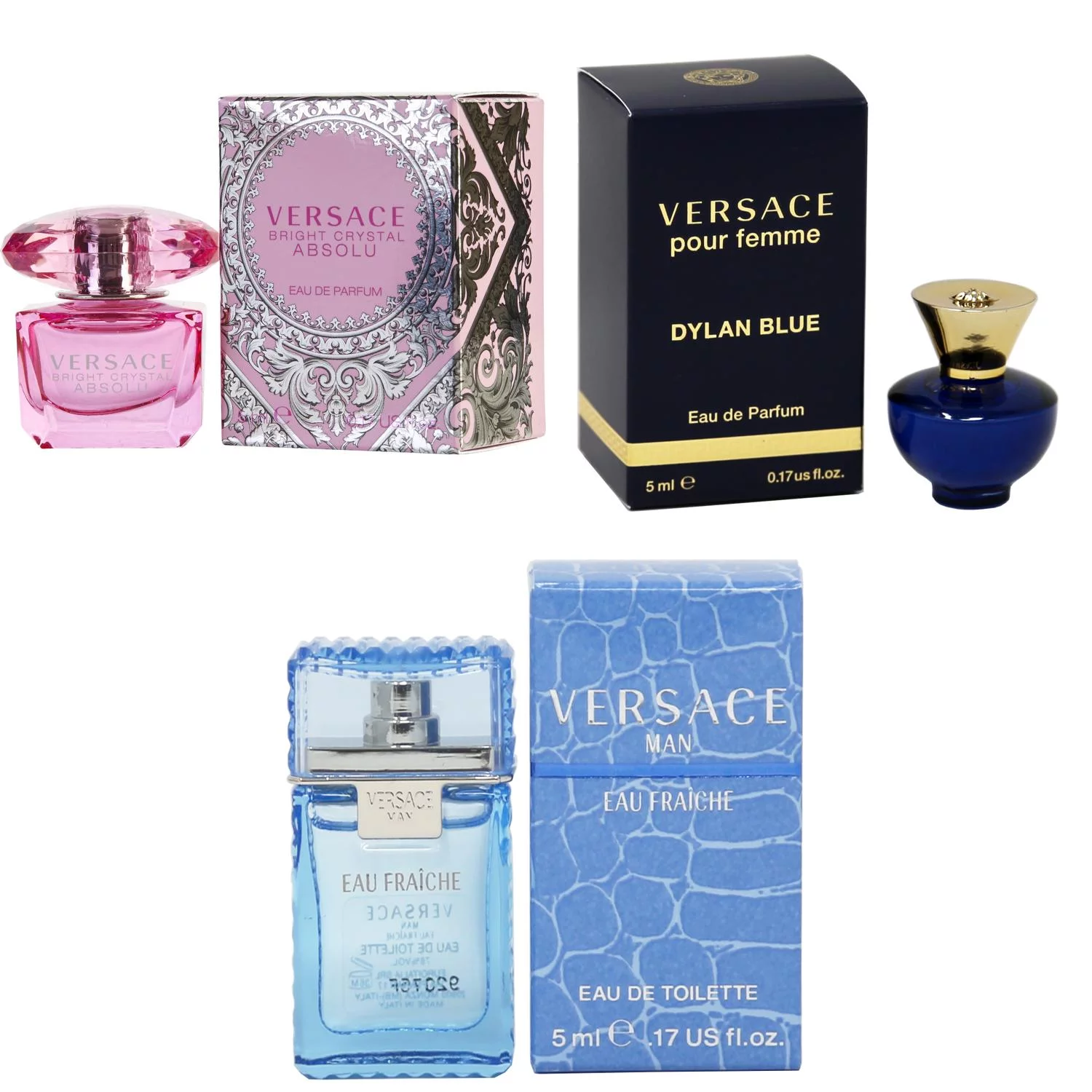 Versace Bright Crystal Absolu EDP, Dylan Blue Femme EDP, Man Eau Fraiche EDT - 5ml 3PK Kit