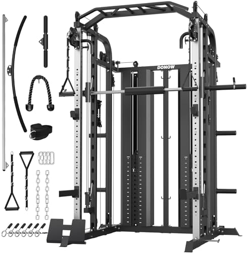 DONOW Smith Machine with Weight Stacks Power Cage Squat Rack Dual Cable Crossover Machine Home Gym Systems Station LAT Pull Down