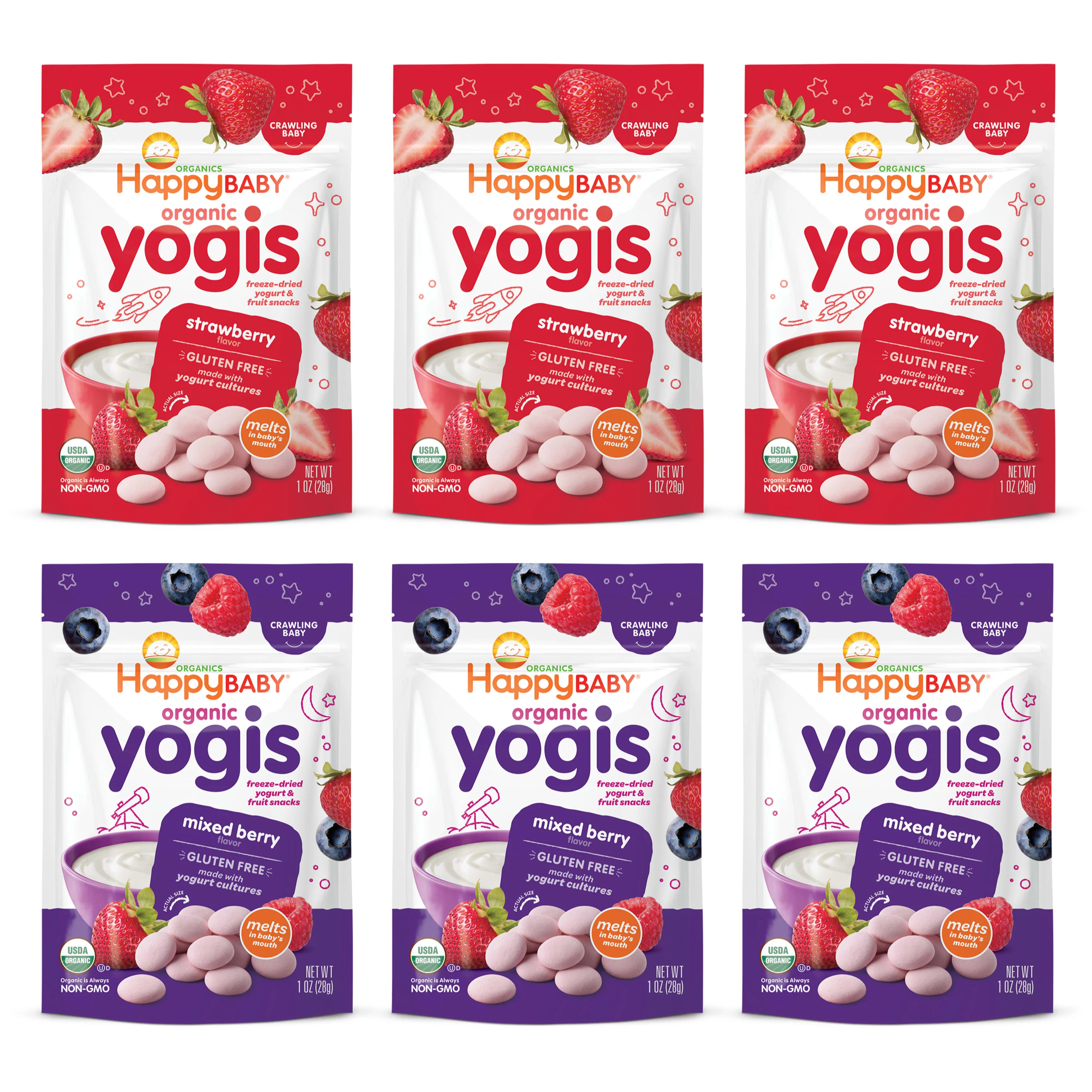 Happy Baby Organics Yogis, 2-Flavor Fruit and Yogurt Organic Freeze-Dried Baby Snack, 1 oz Bag (Pack of 6)