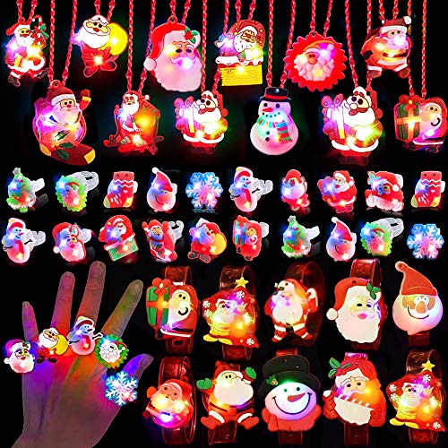 Atonofun Christmas Party Favors for Kids Light Up Xmas Gift Flash Rings Necklaces Bracelets 42 Pack LED Toys Glow in the Dark Party Supplies for Holiday Christmas Stocking Stuffers