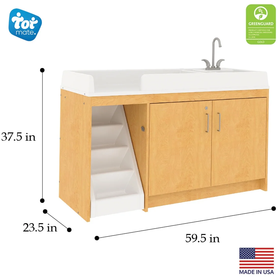 Tot Mate Toddler Walk-Up Baby Changing Table with Sink and Steps, Nursery Furniture, Maple Wood
