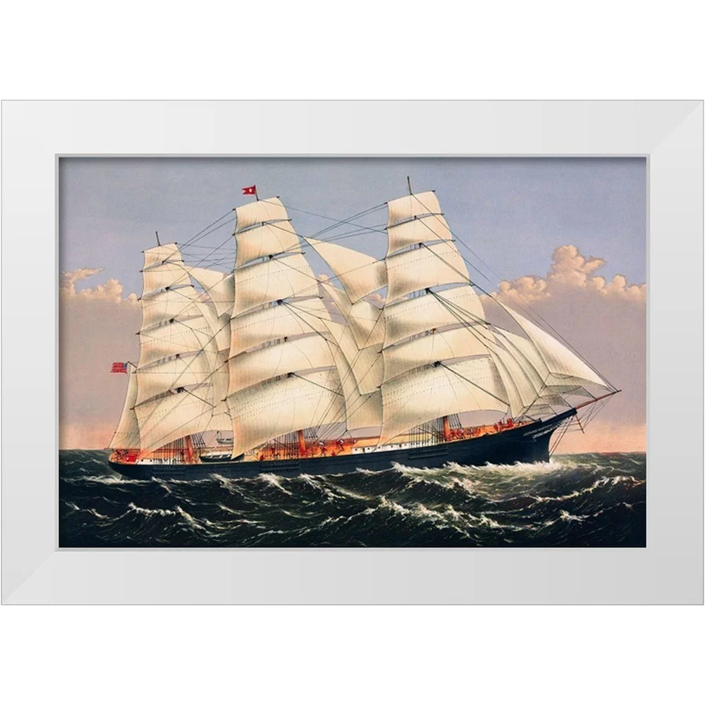 Currier and Ives 18x13 White Modern Wood Framed Museum Art Print Titled - Clipper Ship Three Brothers, the largest sailing ship in the world 