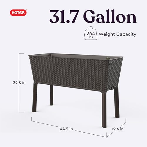 Keter Splendor 31.7 Gallon Raised Garden Bed with Self Watering Planter Box and Drainage Plug-Perfect for Growing Fresh Vegetables, Flowers and Herbs, Brown