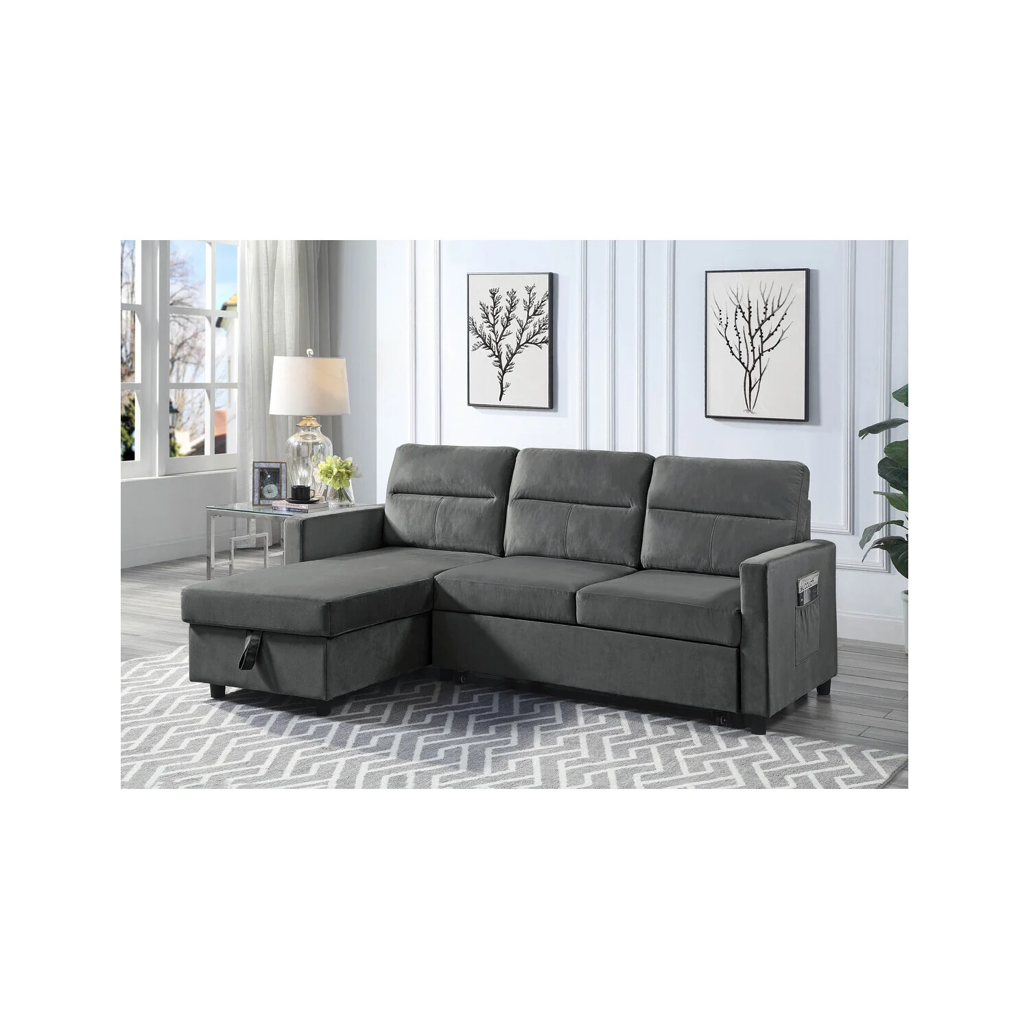 HomeStock Vintage Vogue Velvet Reversible Sleeper Sectional Sofa With Storage Chaise And Side Pocket
