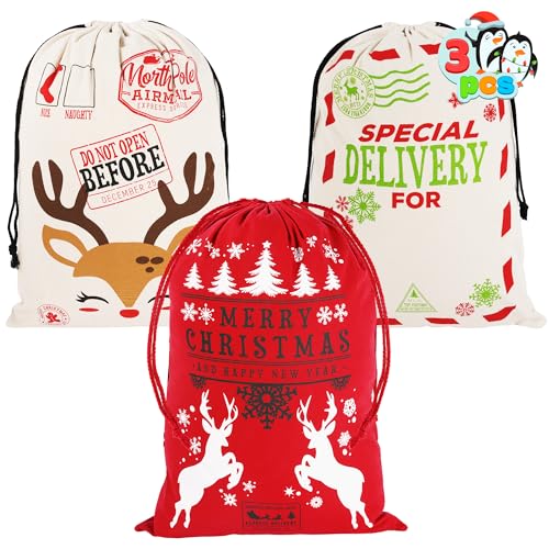 JOYIN 3 Packs Santa Sack, Large Christmas Canvas Gift Bag with Drawstring 26