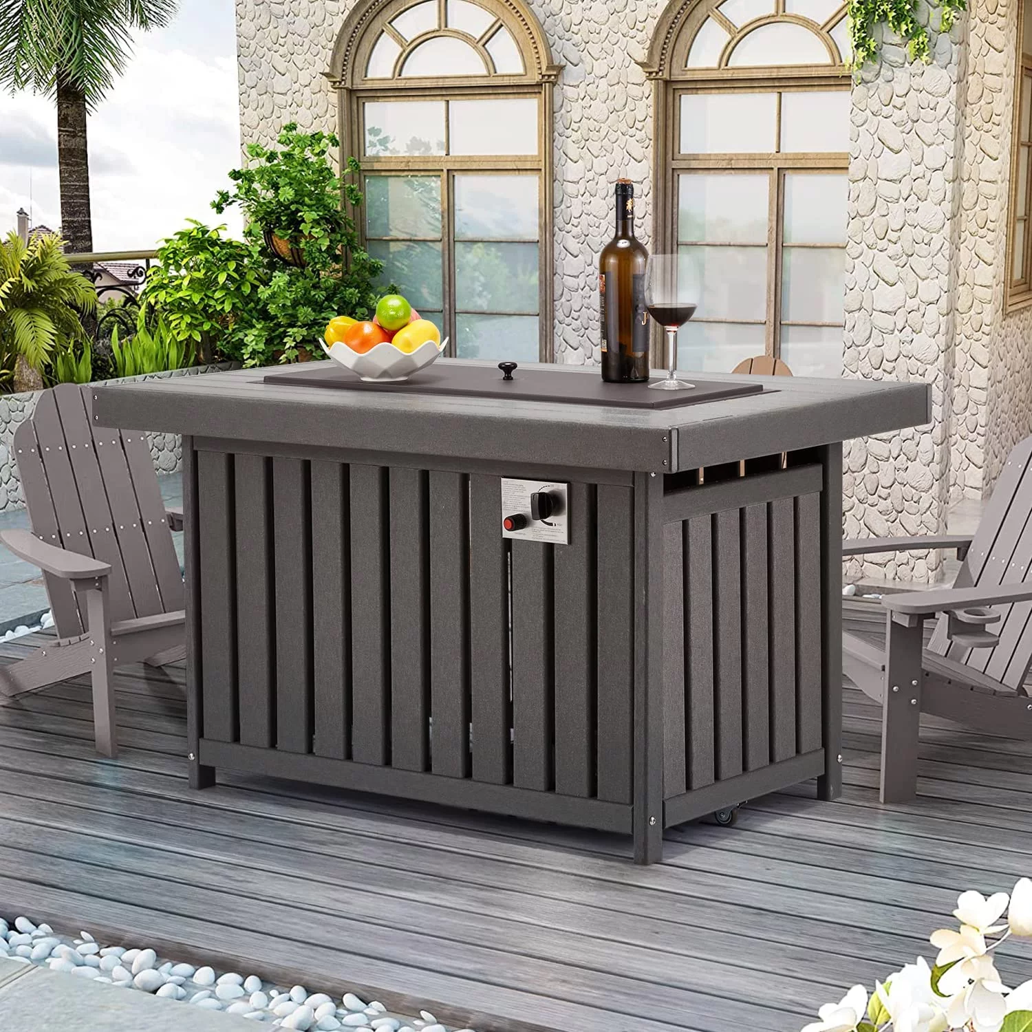 Erommy 43 Inch HDPE Propane Fire Pit Table, 50000 BTU Fire Pits with Lid and Fire Glass, for Deck, Outside Paito, CSA Certification, Gray