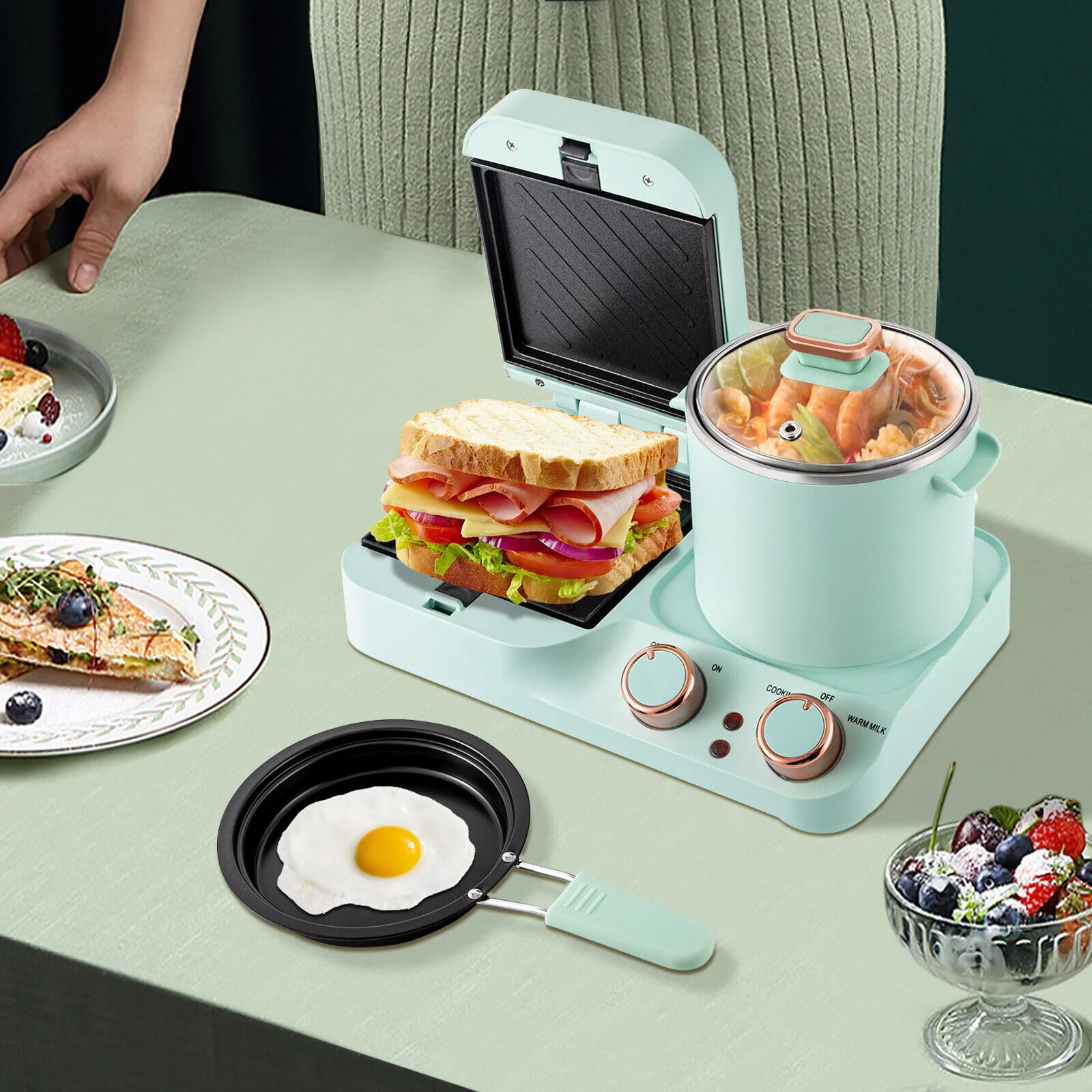 OUKANING 3 in1 Breakfast Station Electric Multifunctional Toaster Soup Pot Frying Pot Sandwich Machine Non-stick