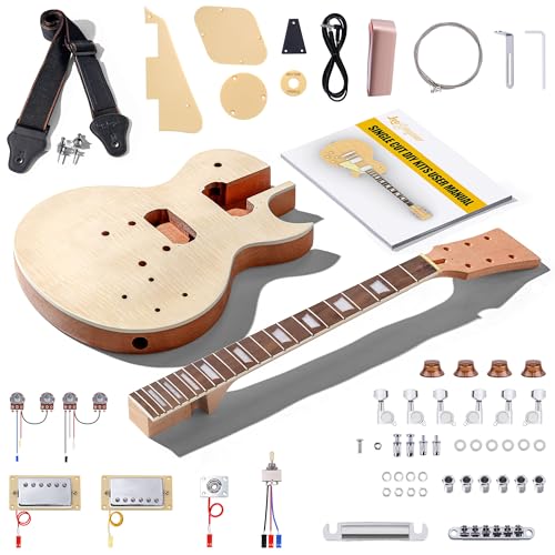 Leo Jaymz DIY Single Cut Electric Guitar Kits with Mahogany Body and Neck - Rosewood Fingerboard and All Components Included (LP Hollow)