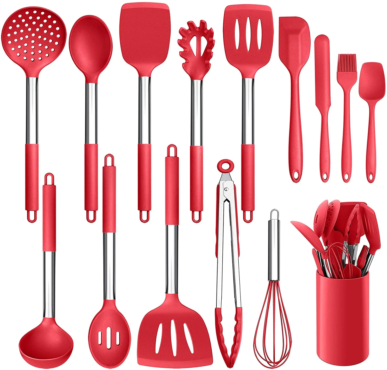 15pcs Silicone Cooking Utensil Set,Non-stick Heat Resistant Stainless Steel Handle,Red