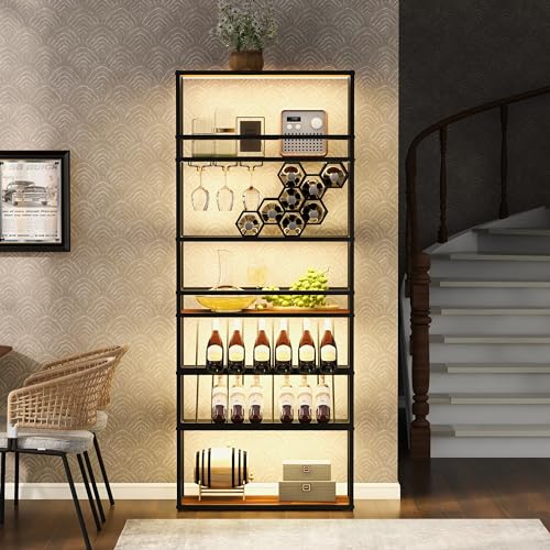 Merax Wine Rack with LED Lights & Glass Holder, Contemporary Freestanding 7-Tier Tall Bar Cabinet, Luxury Kitchen Furniture for Liquor Storage, Black Gold