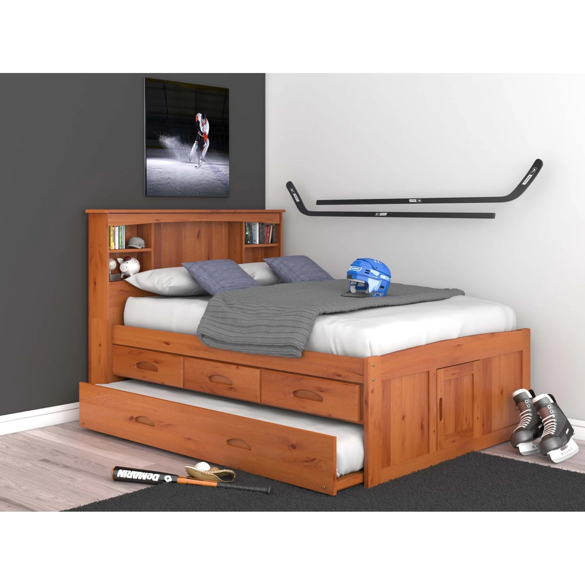 OS Home and Office Furniture Solid Pine Full Captains Bookcase Bed with 3 drawers and Twin Sized Trundle in Warm Honey