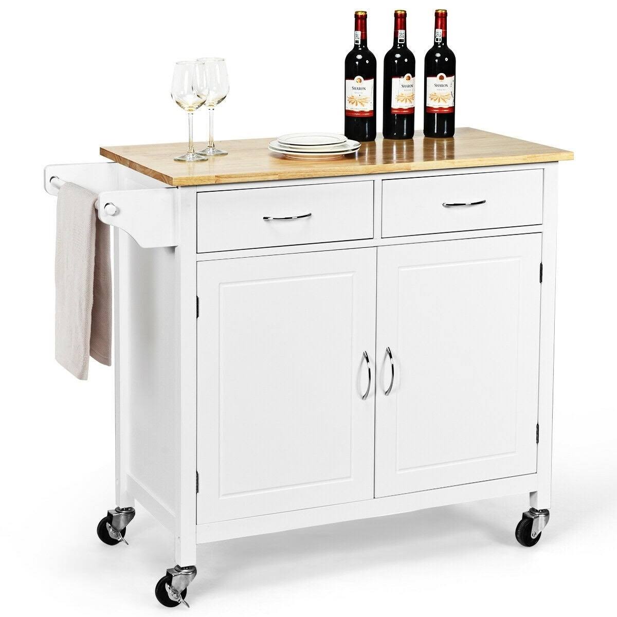 Modern Rolling Kitchen Cart Island with Wooden Top - White