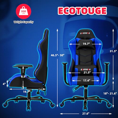 ECOTOUGE PC Massage Gaming Chair with Footrest Ergonomic Office Desk Chair Racing PU Leather Recliner Swivel Rocker with Headrest and Lumbar Pillow, Blue