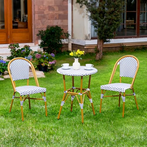 3 Piece Patio Bistro Set, French Wicker Outdoor Bistro Set with Round Table and 2 Dining Chairs, ‎Aluminum Furniture, All Weather Outdoor Patio Set for Garden Balcony Cafes Yard, Navy and White