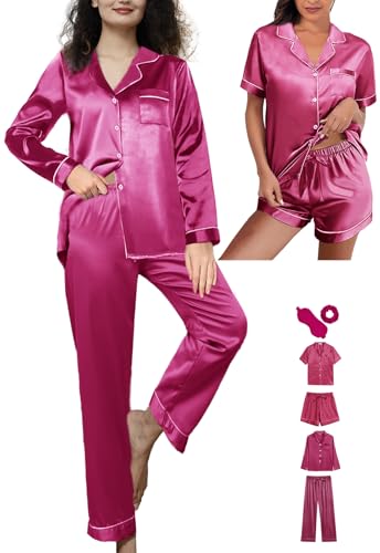 6Pcs Womens Silk Satin Pajamas Set XS-XXL Pajama Sets Pjs Set Button Down Pj Sets Sleepwear Loungewear