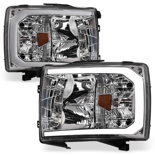 7422451949975 Compatible With 2007-2013 Chevy Silverado 1500/2007-2014 2500 3500 HD Switchback Sequential LED Strip Bar Black Housing Headlights With Amber Reflector