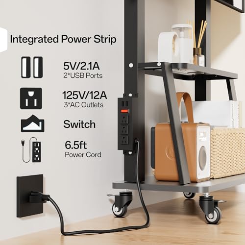 Rolling TV Stand with Power Outlet, Mobile TV Stand on Wheels for 32-75 inch TV, Height Adjustable Portable Black TV Cart, Holds up to 130LBS, Vesa 600×400mm