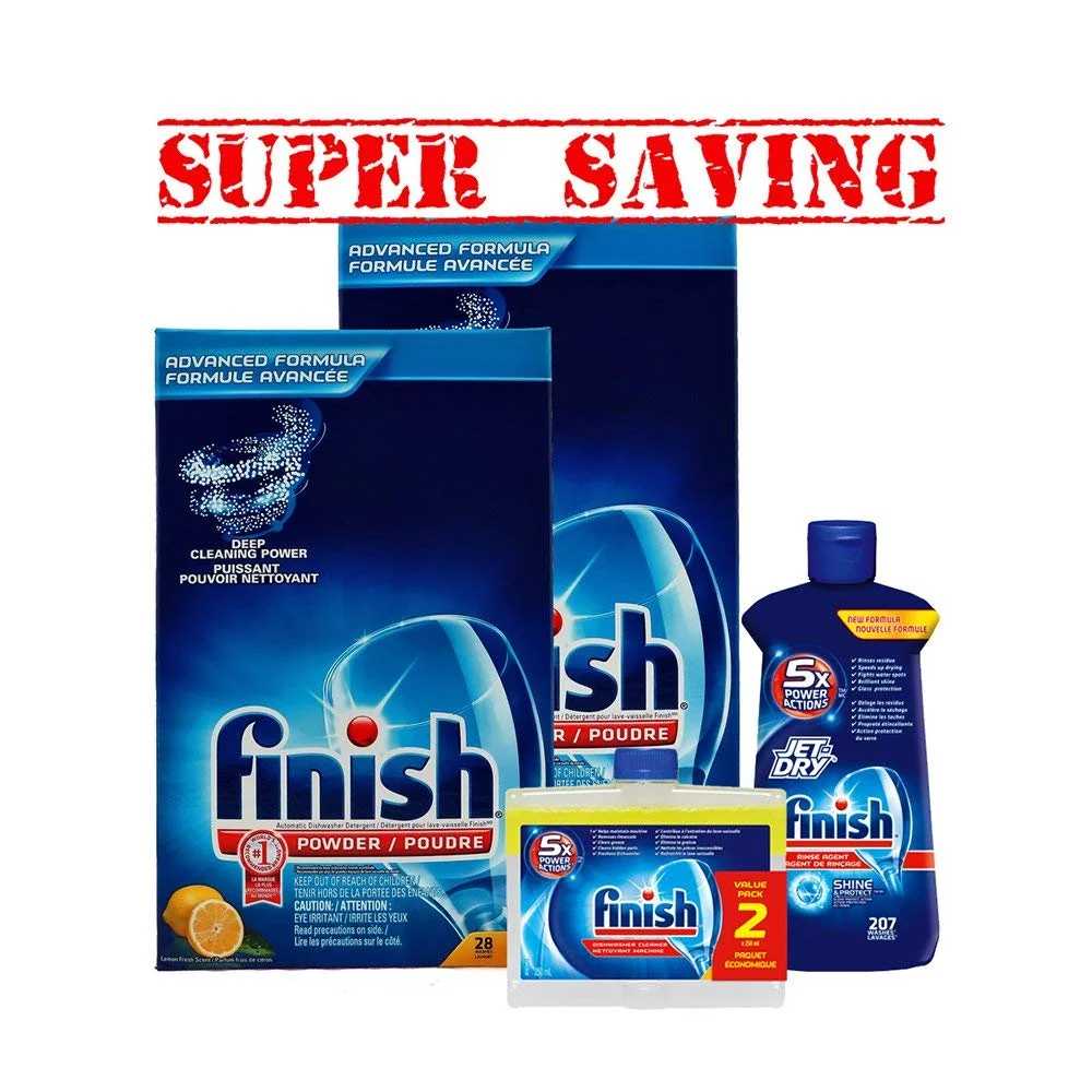 2 X Finish Deep Cleaning Lemon Powder 3 Kg & Jet-Dry Rinse Agent, 621 ml & Dishwasher Cleaner