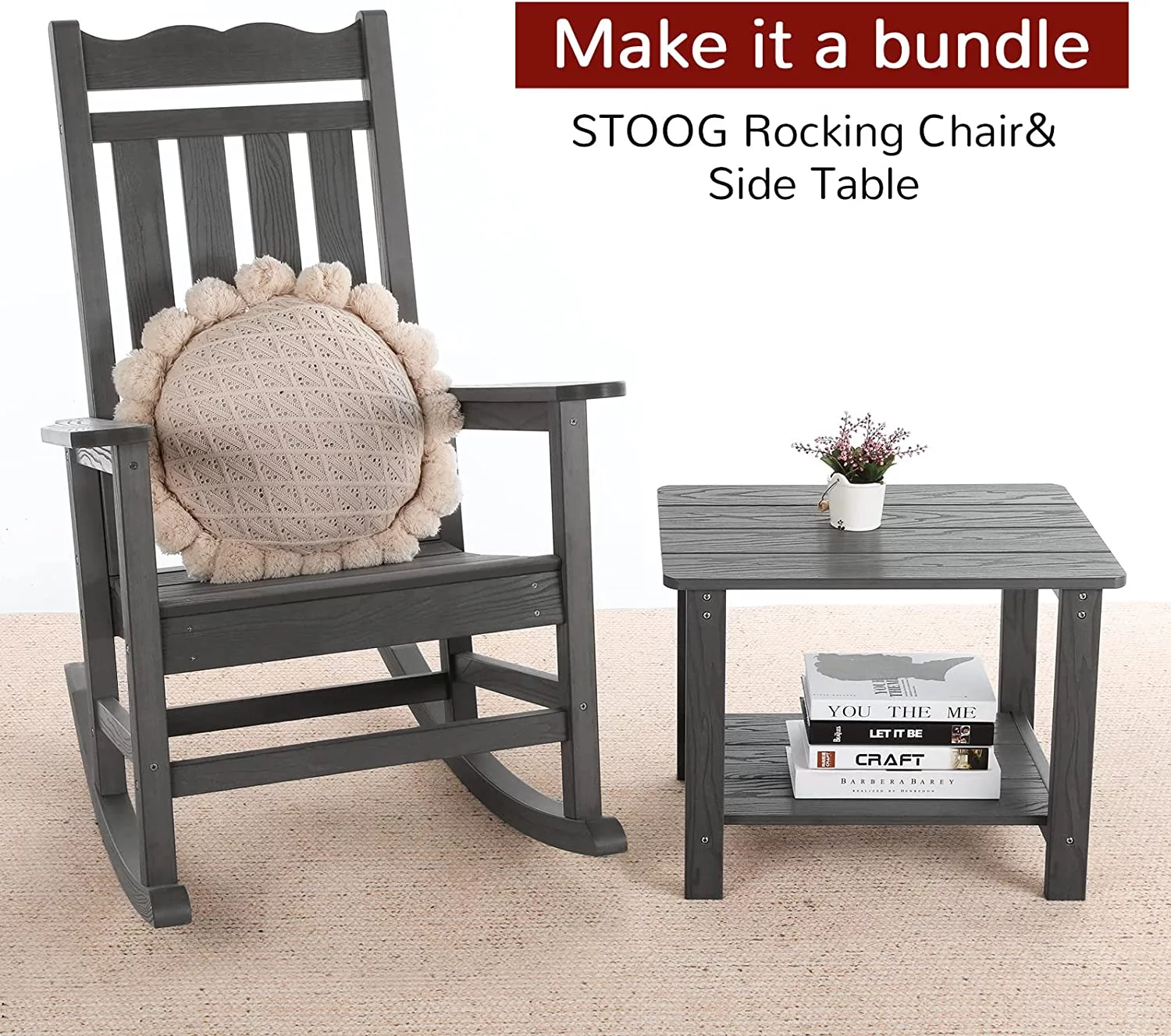 Jiekair Outdoor Side Table, All Weather Resistant Rectangle 2-Tier Patio Table for Backyard Garden, Gray