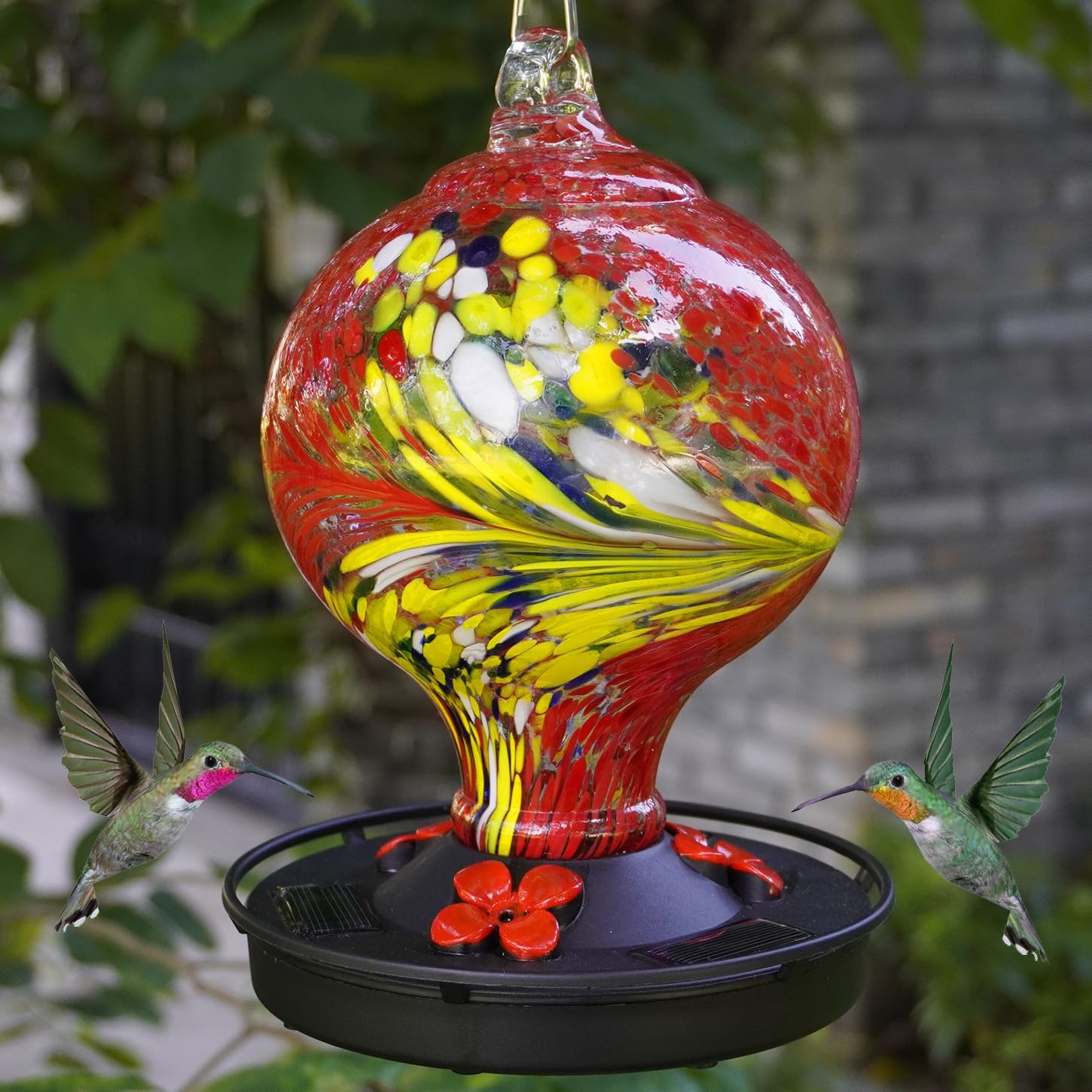 Solar Hummingbird Feeder Handblown Glass for Outdoors Hanging Red