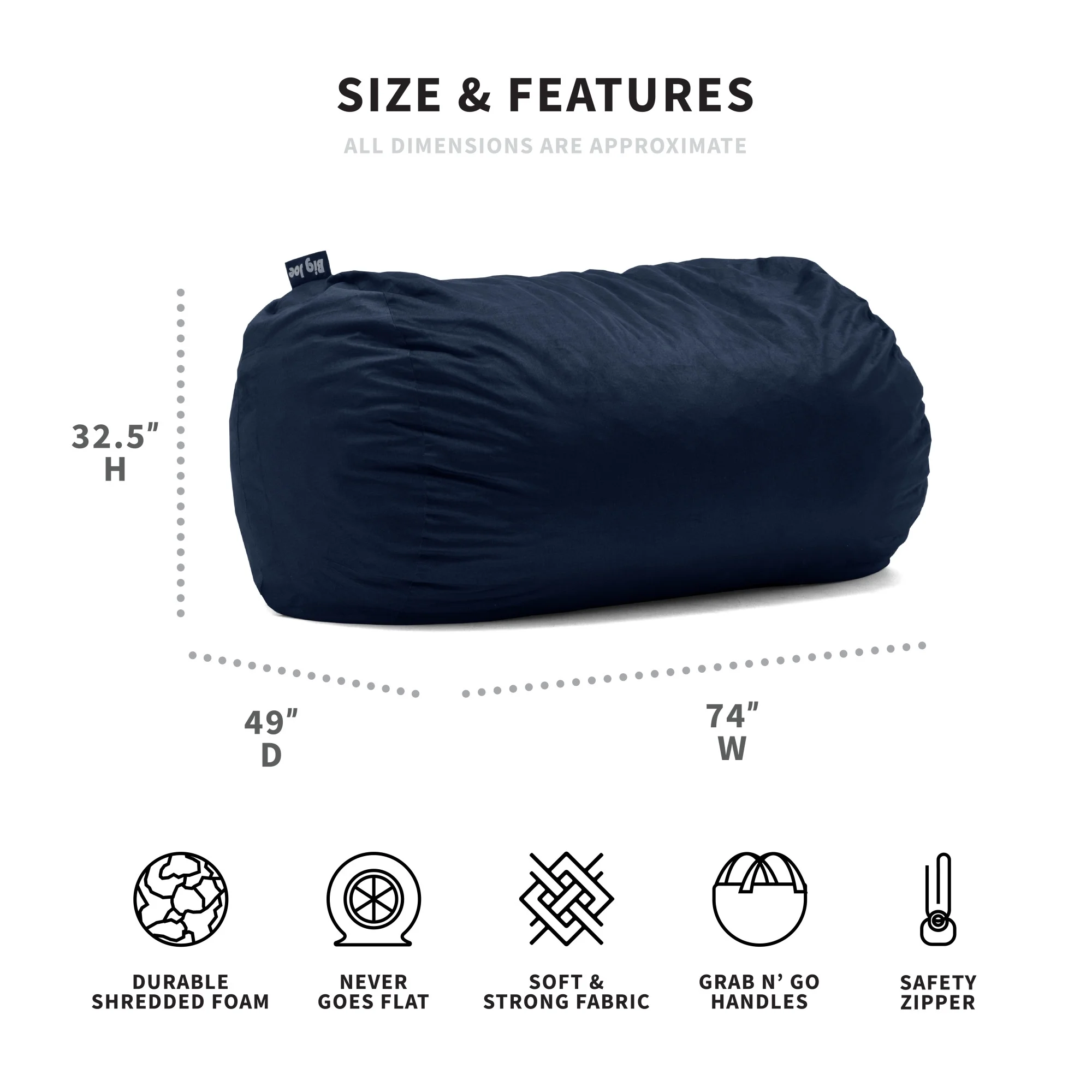 Big Joe Fuf Media Lounger Foam Filled Bean Bag Chair with Removable Cover, Cobalt Lenox, Durable Woven Polyester, 6 feet Giant