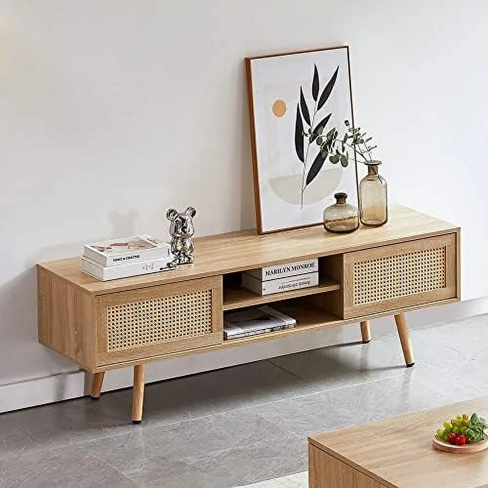 Mid Century  TV Stand for Living Room with   55.12 Inch Rectangle TV Medie Console for TVs Up to 60"  Wooden TV Cabinet Entertainment Center with Sliding PE Rattan Woven Door Panel