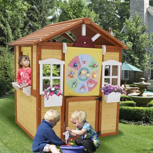 Outdoor Playhouse for Kids Wooden Cottage with Working Doors Windows Pretend Play House