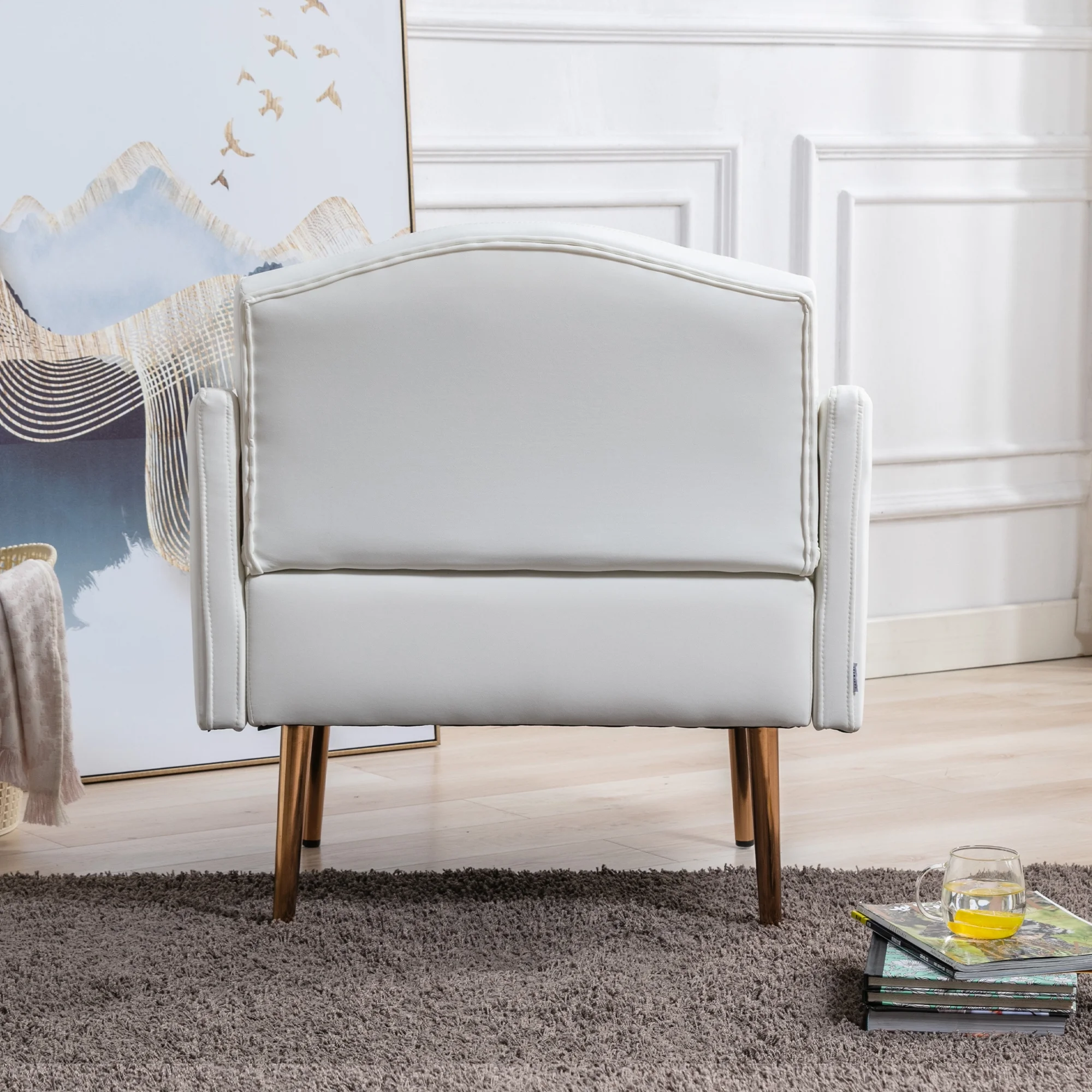 HOMEFUN White Modern PU Leather High-Back Leisure Single Accent Chair with Rose Golden Metal Feet