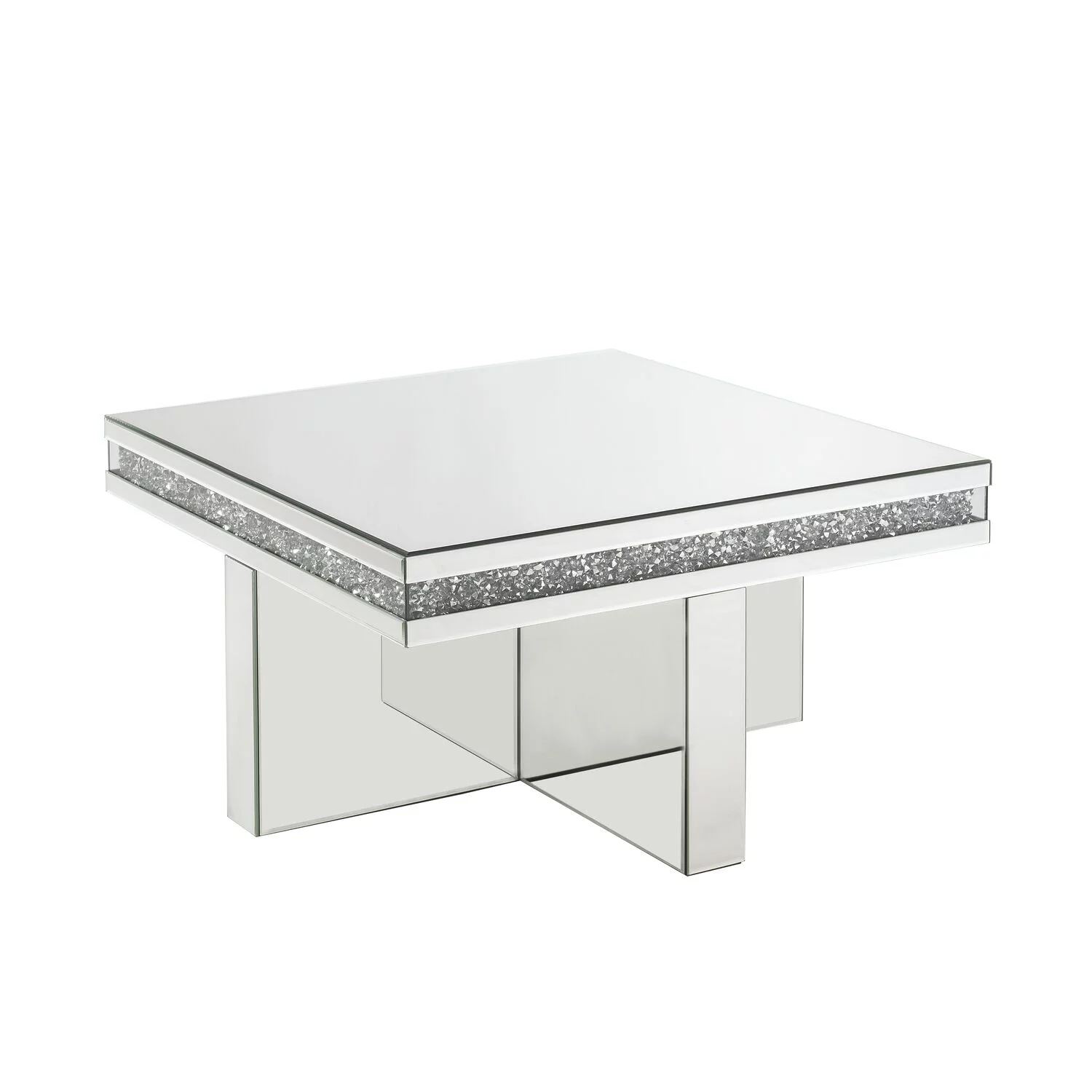 ACME Furniture Noralie Square Glass Coffee Table in Mirrored and Faux Diamonds