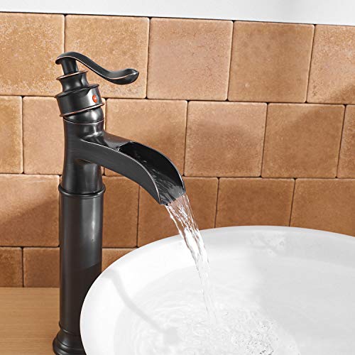 BWE Vessel Sink Faucet Waterfall Matte Black with Pop Up Drain Without Overflow and Supply Lines, Black Sink Faucet Bathroom One Handle Faucets Vanity Bath Mixer Tap