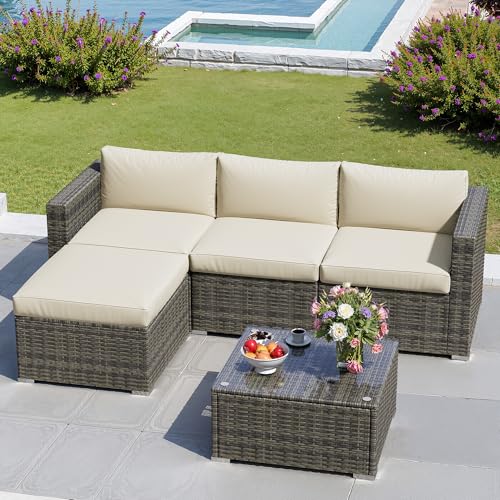 7 Pieces Outdoor Patio Furniture Sets with Glass Tea Table, PE Rattan Wicker Patio Conversation Set with Washable Cushions, Outdoor Patio Sectional Sofa Couch, Grey
