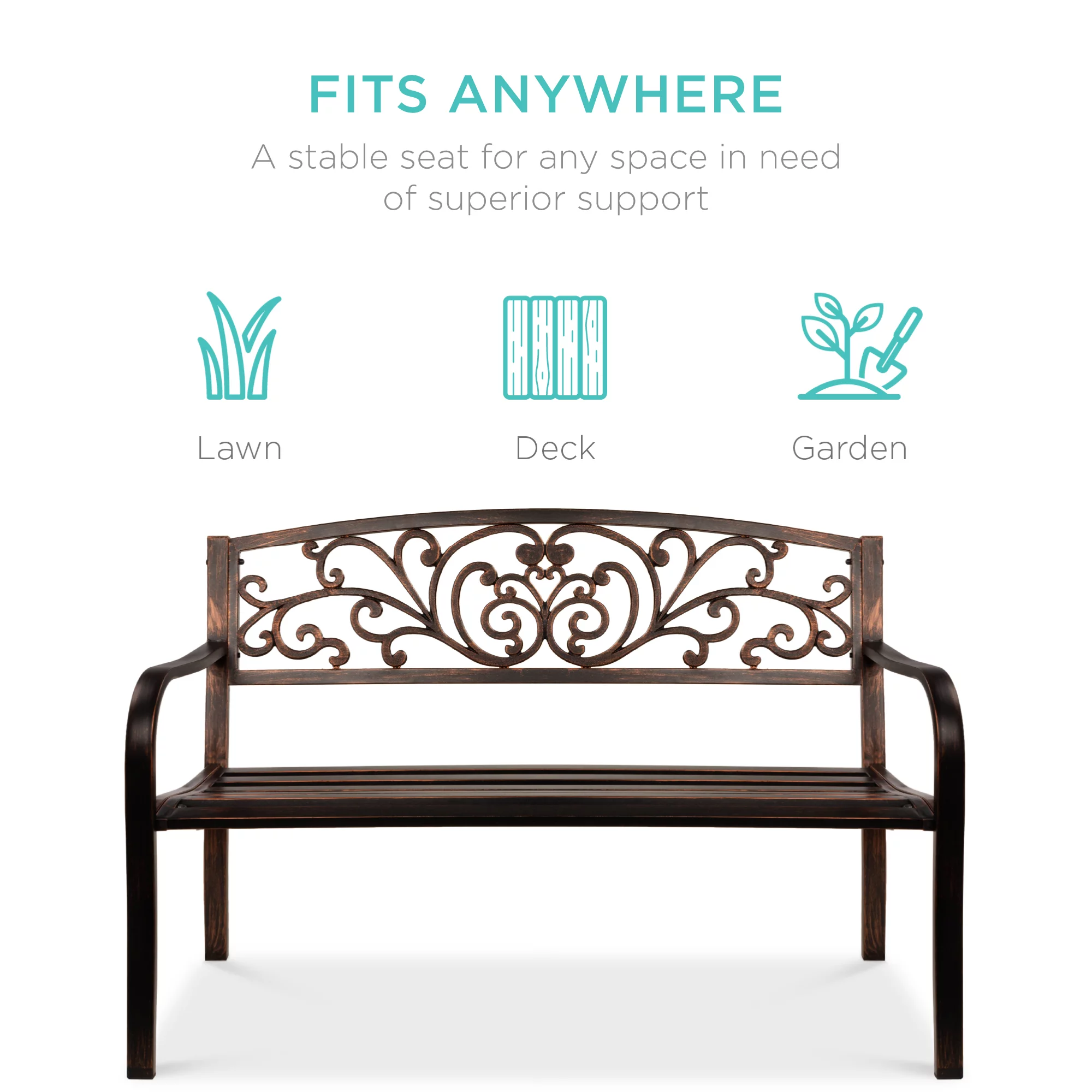 Best Choice Products Outdoor Steel Bench Garden Patio Porch Furniture w/ Floral Design Backrest, Slatted Seat - Brown