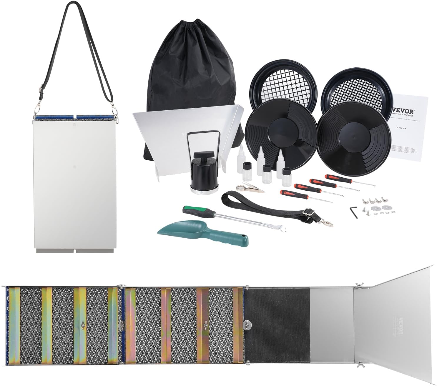 VEVOR 50 Inch Folding Sluice Box Gold Panning Kit, 23pc Gold Prospecting Equipment Kit with Gold Pan, Classifier Screen, Separating Magnet, Backpack and More