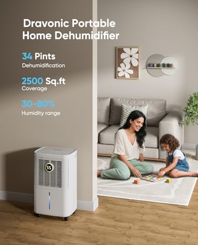 34 Pint Dehumidifiers for Home, Basement, Bedroom, Bathroom, 2500 Sq.ft Dehumidifier with Drain Hose, Smart Humidity Control & Display, 3 Operation Modes, 24H Timer, Child Lock (White)