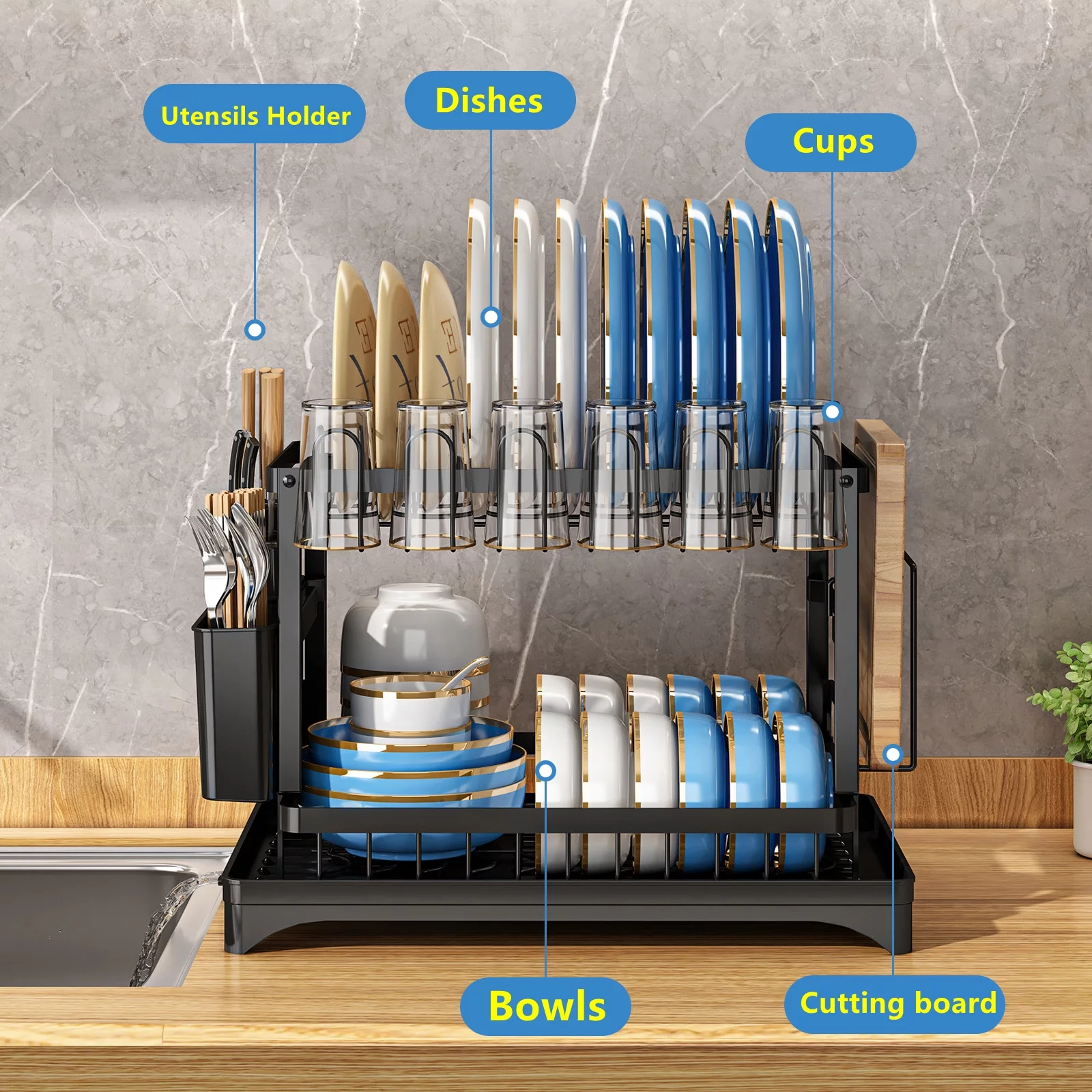 Kogiio 2-Tier Dish Drying Rack with Drainboard,  Black Metal Large Capacity Dish Drainer