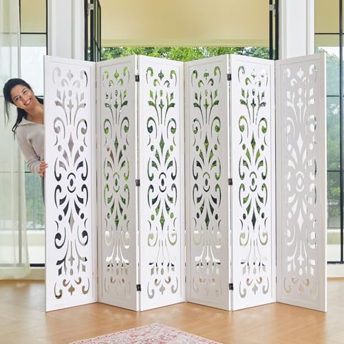 5.6Ft Room Divider Folding Wood Simple Carved Partition Screen for Home Office Garden - 6 Panels (Natural)