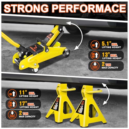 PM PERFORMOTOR Low Profile Hydraulic Trolley Service/Floor Jack Combo with 2 Ratchet Jack Stands, 2 Ton (4000 lbs) Capacity, Yellow,PM-TOL-FJ3P-YL