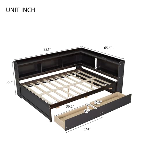 Full Size Daybed with Storage, Wood Corner Bed Frame with Bookcase Headboard and 2 Drawers, Wooden Sofa Bed with Shelves for Living Room Bedroom, No Box Spring Need, White