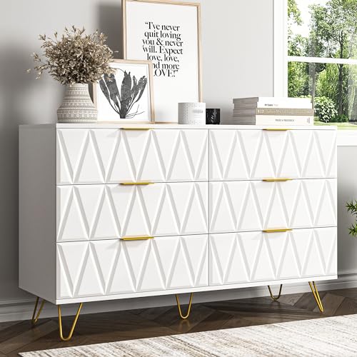 Vibe & Dine White 6 Drawer Dresser for Bedroom, Modern Double Dresser with Gold Handles and Legs, Wood Chest of Drawers with Wide Storage for Closet, Living Room, Hallway