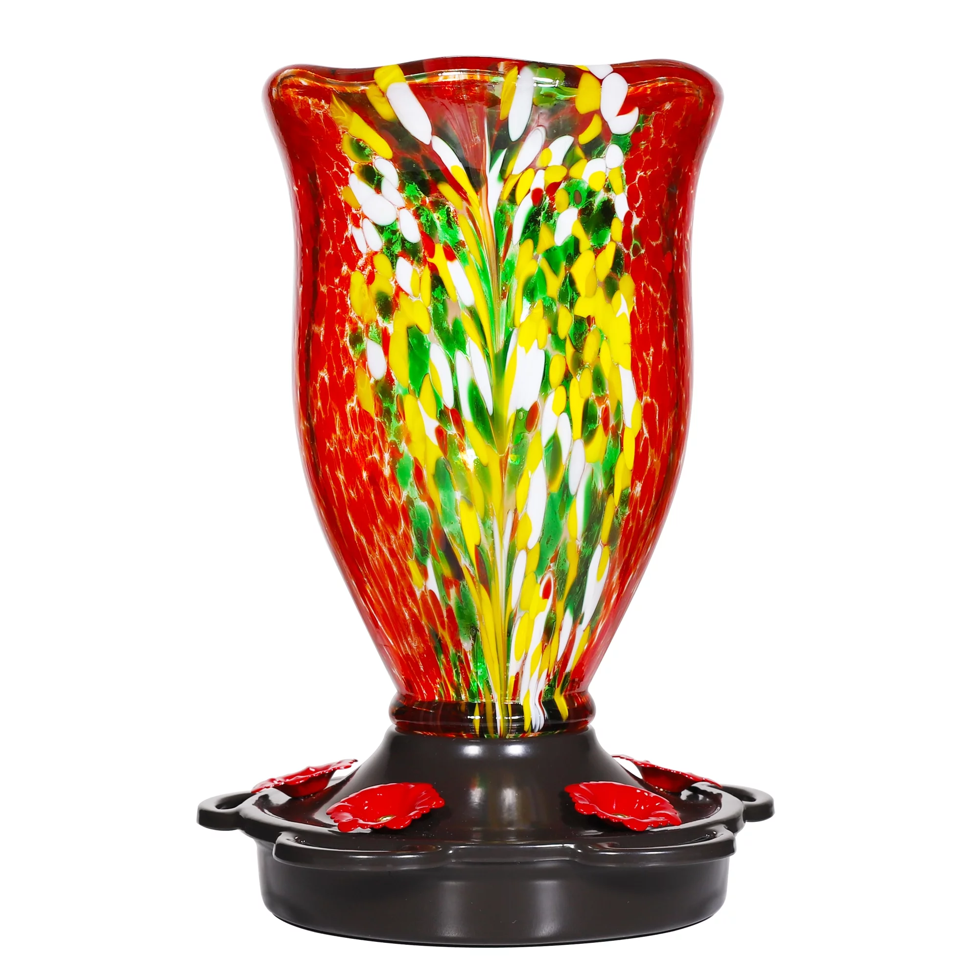 LUJII Hummingbird Feeders for Outdoors, Blown Glass Hummingbird Feeder for Outside Hanging with Ant Moat, Leak Proof & Anti Rust Metal Base, 25 oz Capacity, Gifts for Bird Lovers or Gardeners, Red