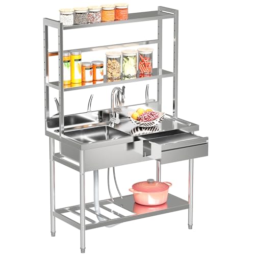 39'' Stainless Steel Utility Sink, Free Standing Commercial Single Bowl Sink with Shelves & Right Drawer & Cold and Hot Water Pipe, Indoor and Outdoor Sink for Laundry Room, Garage, Kitchen
