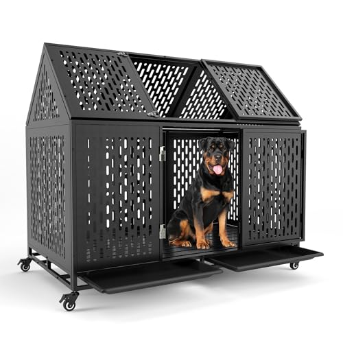 52 Inch Heavy Duty Dog Crate Extra Large Dog Cage, Indestructible XXL Dog Crate Kennel with Open Roof Top, Trays and Wheels, Escape-Proof for High Anxiety Giant Dogs