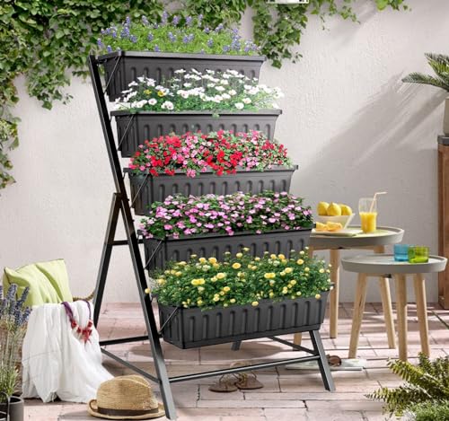 4FT Vertical Raised Garden Bed, 5 Tiers Planter Box with Drainage System for Herb Vegetables Flowers, Elevated Garden Bed Perfect for Patio Balcony Greenhouse Outdoor and Indoor Garden Planters
