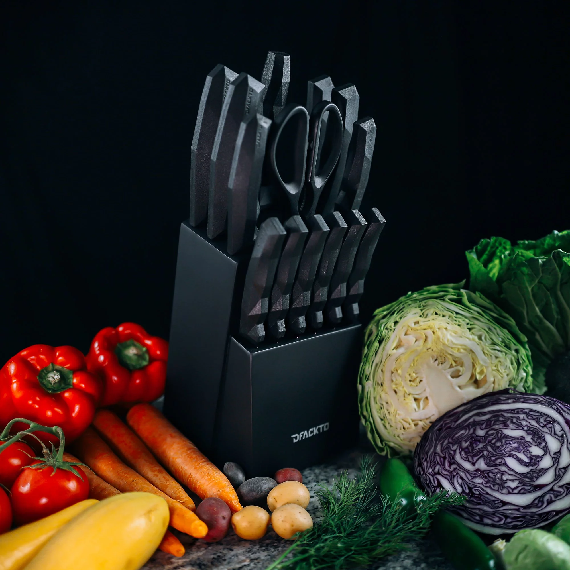 Boulder Kitchen Knife Block Set, 15 Piece Full Tang Chef Knives, Black