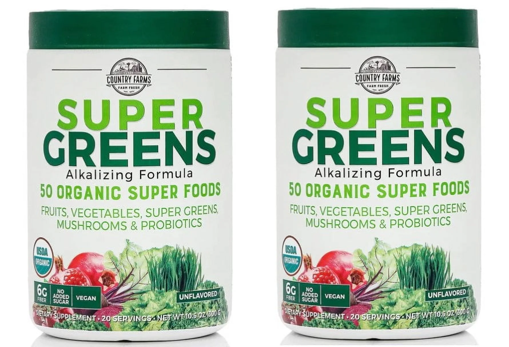 Country Farms Super Greens Natural Flavor, 50 Organic Super Foods, USDA Organic Drink Mix, Mushrooms & Probiotics, Supports Energy, 20 Servings, 10.6 Oz, 2 Packs