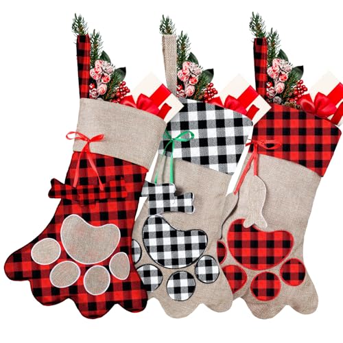 Syhood 3 Pieces Pet Christmas Stockings Dog Cat Christmas Stockings 18'' Paw Pattern Stockings for Xmas Tree Fireplace Hanging Christmas Party Decorations Gift(Fashion Plaid,Linen,Cotton)